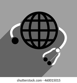 Global Medicine long shadow vector icon. Style is a flat global medicine black and white iconic symbol on a gray square background.