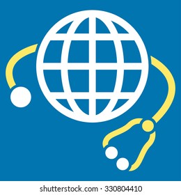 Global Medicine vector icon. Style is bicolor flat symbol, yellow and white colors, rounded angles, blue background.