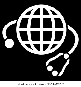 Global Medicine vector icon. Style is flat symbol, white color, rounded angles, black background.