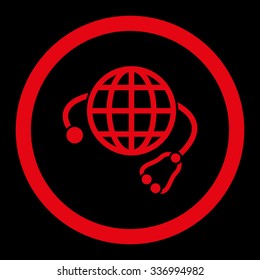Global Medicine vector icon. Style is flat rounded symbol, red color, rounded angles, black background.