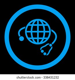 Global Medicine vector icon. Style is flat rounded symbol, blue color, rounded angles, black background.