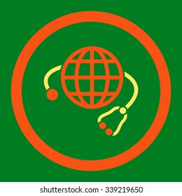 Global Medicine vector icon. Style is bicolor flat rounded symbol, orange and yellow colors, rounded angles, green background.