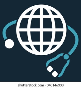 Global Medicine vector icon. Style is bicolor flat symbol, blue and white colors, rounded angles, dark blue background.