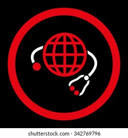 Global Medicine vector icon. Style is bicolor flat rounded symbol, red and white colors, rounded angles, black background.