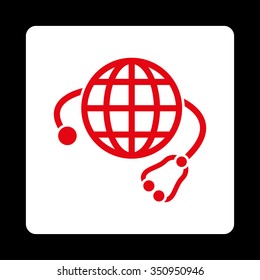 Global Medicine vector icon. Style is flat rounded square button, red and white colors, black background.