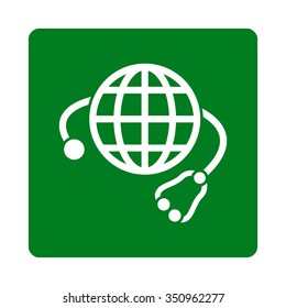 Global Medicine vector icon. Style is flat rounded square button, white and green colors, white background.