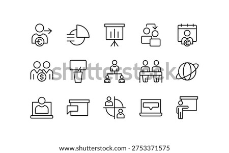 Global Meeting and Team Connect line icon set. Collaboration, communication, connection, business relations, community, social network, relationship outline vector icons. Editable stroke