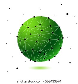 Global mesh sphere. Abstract geometric shape with spherical severed off triangular faces. green ball.