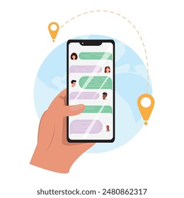 Global Messaging Communication. Hand holding a smartphone displaying a group chat, with a background of a world map and location markers