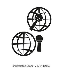 Global microphone icons. Black and white. Vector communication symbols. Worldwide broadcasting.