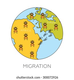 Global migration concept. Cartoon vector illustration of africans going from Africa to Europe. Immigrants in European Union. Rescue from biohazard and famine and searching for job. 