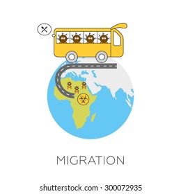 Global migration concept. Cartoon vector illustration of africans going by bus from Africa to Europe hoping for better life. Immigrants in European Union. Rescue from biohazard and famine