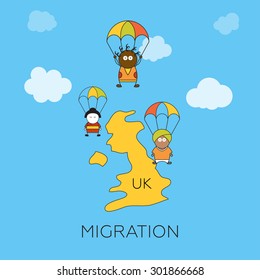 Global migration concept. Cartoon vector illustration of asian, african and indian migrants skydivers jumping into United Kingdom. Immigrants in European Union.