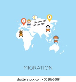 Global migration concept. Cartoon vector illustration of human going from East Europe to West Europe. Immigrants in European Union. Man searching for job, hoping for better life. 