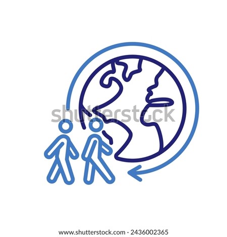 Global migration icon with people walking and planet earth, vector thin line illustration for immigration, emigration, and world travel