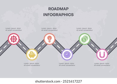 Global Milestone Roadmap with Six Stages Represented by Icons on a Dotted World Map Background