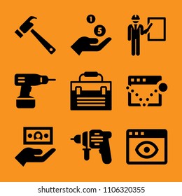 global, mine, panel, saw, well and silhouette icon vector set. Flat vector design with filled icons. Designed for web and software interfaces