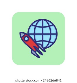 Global mission line icon. Planet, globe, rocket, start. Global business concept. Can be used for topics like startup, management, new project