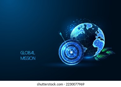 Global mission, sustainable development goals futuristic concept with glowing low polygonal Earth globe and target isolated on dark blue background. Modern wire frame mesh design vector illustration.