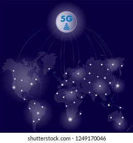 global mobile cellular 5g network speed banner with world map and connections between countries on Earth with dark blue background. vector eps10