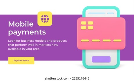 Global mobile payments transaction credit debit card banking financial application social media banner 3d icon vector illustration. International smartphone pay internet technology connection service