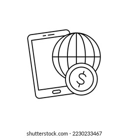 Icono de transacción móvil global en icono de estilo de línea, aislado en fondo blanco