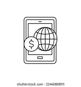 Global mobile transaction icon in line style icon, isolated on white background