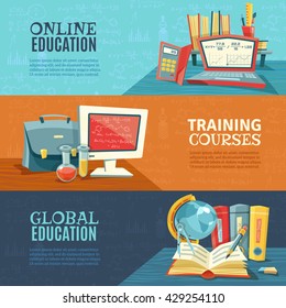 Global modern school education concept with training courses online 3 horizontal banners set abstract isolated vector illustration 