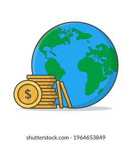 Global Money Concept Vector Icon Illustration. World And Money Flat Icon