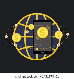 Global money transfer. Commercial transaction. Financial network. Internet banking. Sending money. Vector illustration outline flat design style.