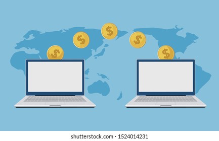 Global Money Transfer and Online Payment Concept – Illustration of Two Laptops Exchanging Coins Across the World Map, Representing International Remittance, Digital Transactions, Remote Business