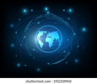 Transferencia de dinero global a través de una red de moneda e íconos de dinero.
