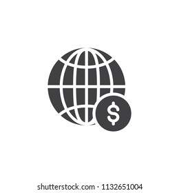 Global money vector icon. filled flat sign for mobile concept and web design. Globe with dollar coin simple solid icon. Symbol, logo illustration. Pixel perfect vector graphics