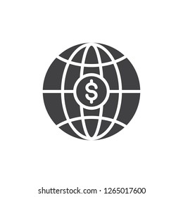 Global money vector icon. filled flat sign for mobile concept and web design. Globe with dollar coin simple solid icon. Symbol, logo illustration. Pixel perfect vector graphics