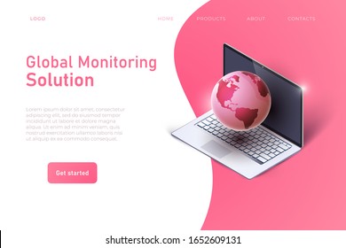 Global Monitoring Solutions website concept with 3d cartoon earth and 3d isometric high detailed laptop.