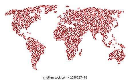 Global mosaic map constructed of drop elements. Vector drop scattered flat items are united into mosaic geographic illustration.
