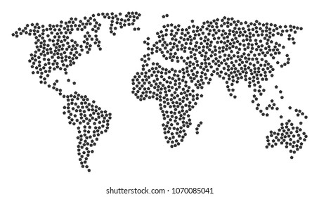 Global mosaic map designed of pentagon figure items. Vector pentagon figure scatter flat design elements are composed into geometric geographic atlas.