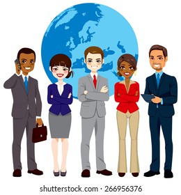 Global multi ethnic team of successful businesspeople standing with confident look in front world earth globe background