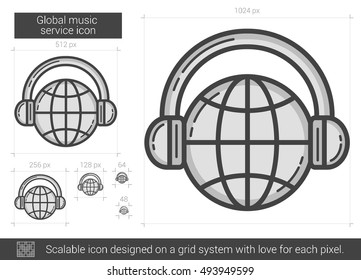 Global music service vector line icon isolated on white background. Global music service line icon for infographic, website or app. Scalable icon designed on a grid system.