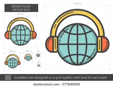 Global music service vector line icon isolated on white background. Global music service line icon for infographic, website or app. Scalable icon designed on a grid system.
