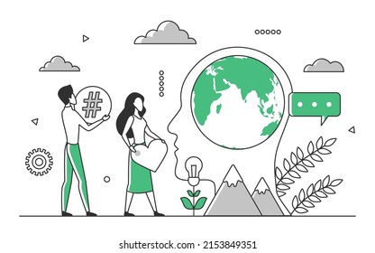 Global natural environment ecology protection measures. Save planet with activists community vector monocolor illustration
