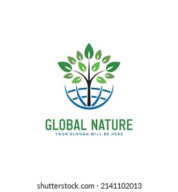 Global Nature Logo Vector, Globe Vector And Leaf Eco Flat Design Icon.