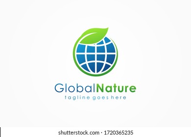 Global Nature Logo. World Globe Icon With Leaf Symbol Around. Usable For Business, Nature, Environment, Science And Ecology Logos. Flat Vector Logo Design Template Element.