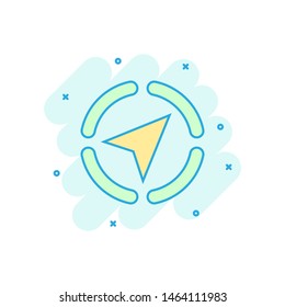 Global navigation icon in comic style. Compass gps vector cartoon illustration on white isolated background. Location discovery business concept splash effect.