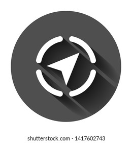 Global navigation icon in flat style. Compass gps vector illustration on black round background with long shadow. Location discovery business concept.