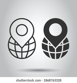 Global navigation icon in flat style. Globe pin gps vector illustration on white isolated background. Planet direction business concept.