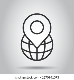 Global navigation icon in flat style. Globe pin gps vector illustration on white isolated background. Planet direction business concept.