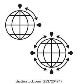 Global navigation icons. Globe with location markers. Directional arrows symbol. Worldwide connection concept.
