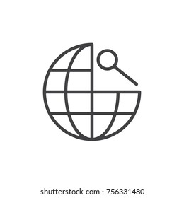 Global navigation line icon, outline vector sign, linear style pictogram isolated on white. Earth globe and magnifying glass symbol, logo illustration. Editable stroke