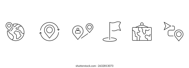 Navegação global pin direção guia de caminho mapa ícone de localização definir ilustração vetorial para viagem do sistema de bandeira de destino de rota de viagem.
